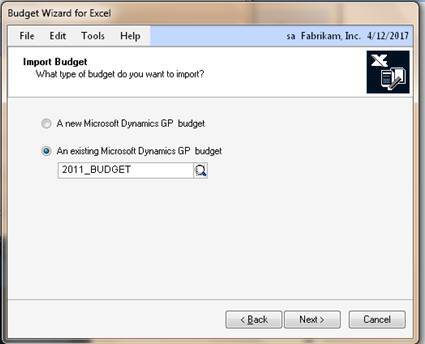 Choose "an existing Microsoft Dynamics GP Budget"