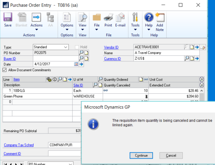 Dynamics GP 2016 R2 Feature of the Day-Cancel PO when Linked to Requisition