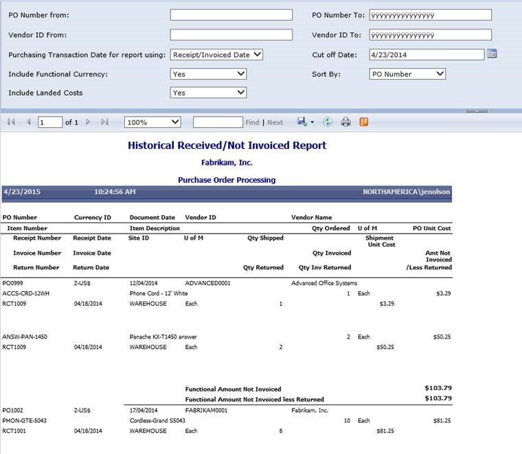 Historical Received Not Invoiced Report