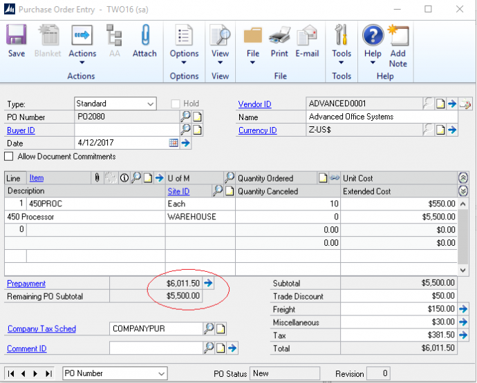 Microsoft Dynamics GP 2016 Feature of the Day – Prepayment on Purchase Order