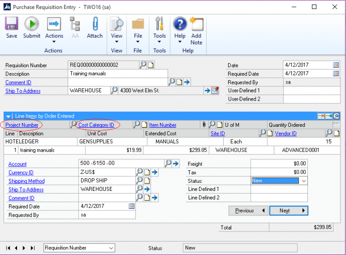 Microsoft Dynamics GP 2016 Feature of the Day – Project Accounting Fields in Requisition Entry