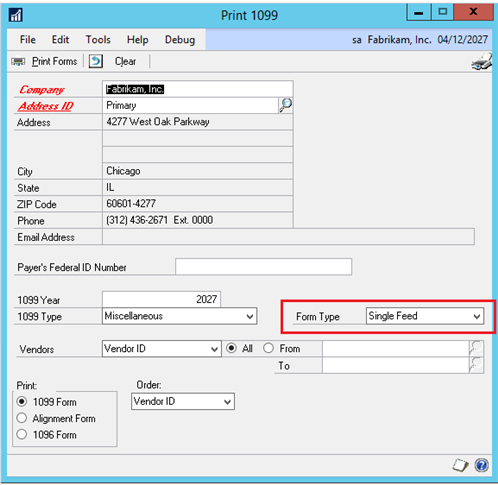 Payables 1099 Default to Single Feed